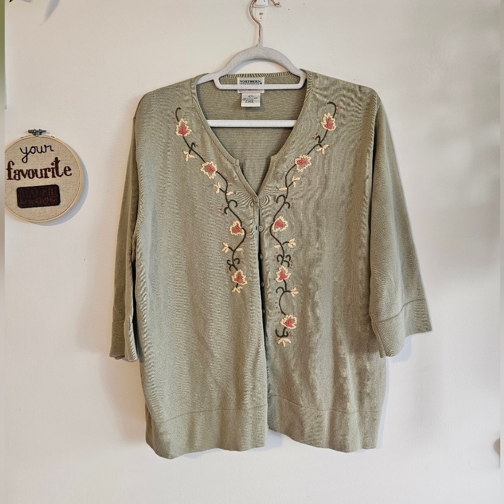 Vintage Sage Green Northern Traditions Embroidered Cardigan
